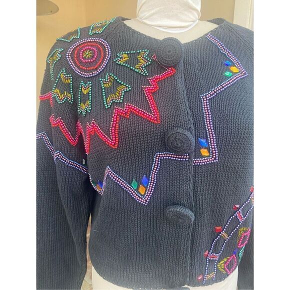 New York News Abstract Beaded Cardigan Vintage Sz. L Starburst Boxy, Y2K - Picture 9 of 11